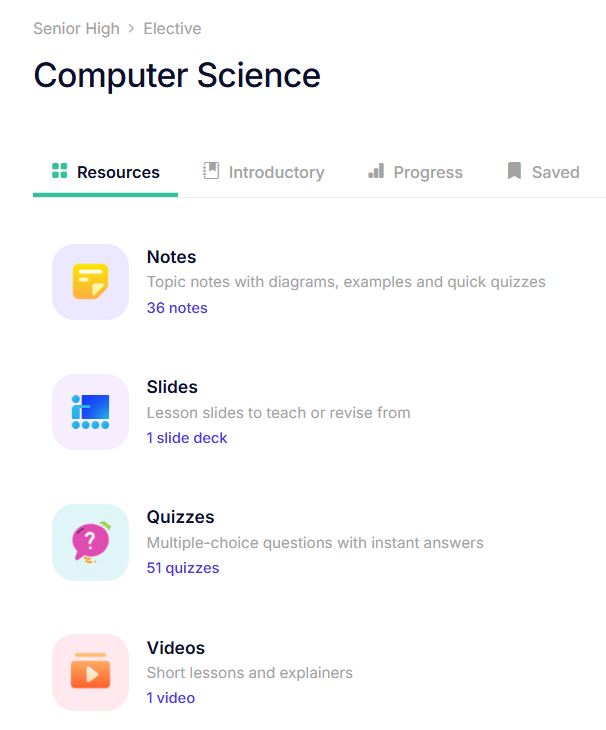 A subject page on TudHub: Computer Science, with its notes, slides, quizzes and videos