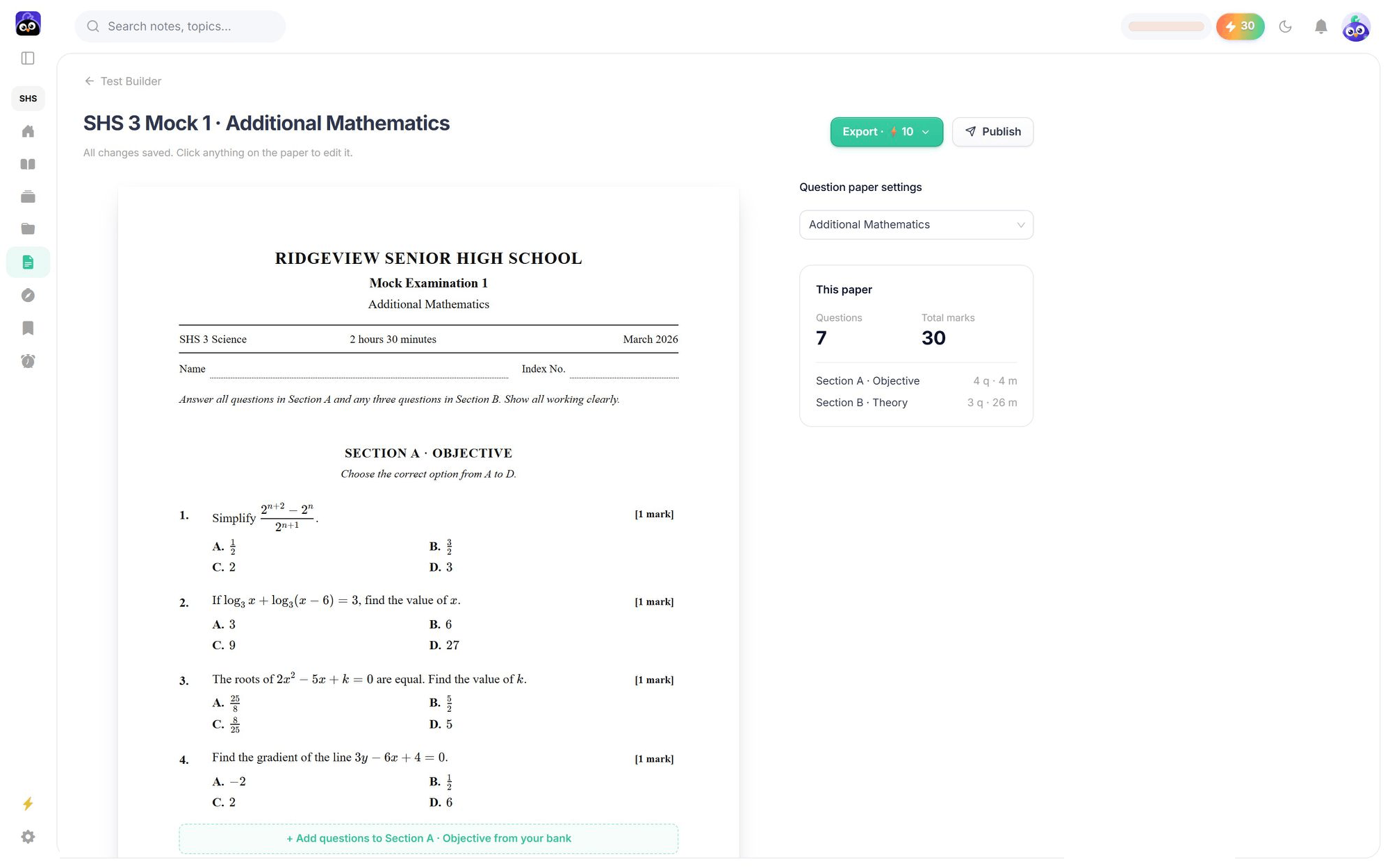 The TudHub Exam Builder: a mock Additional Mathematics paper on the left, with its settings, questions and total marks on the right